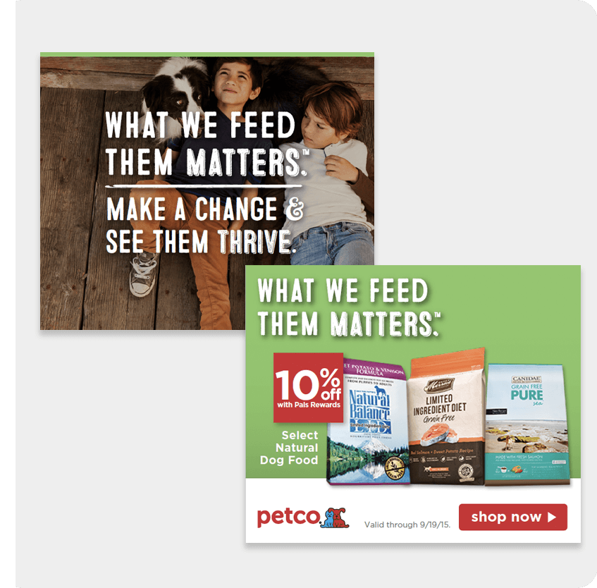 Petco Dog Food display ad animation stills on a gray background