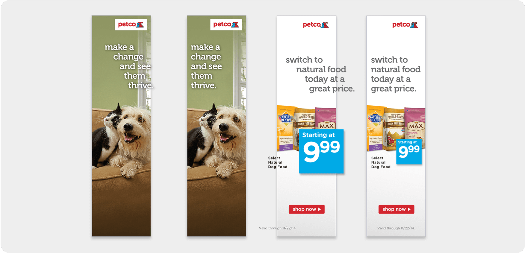Petco pet food display ad animation stills on an gray background