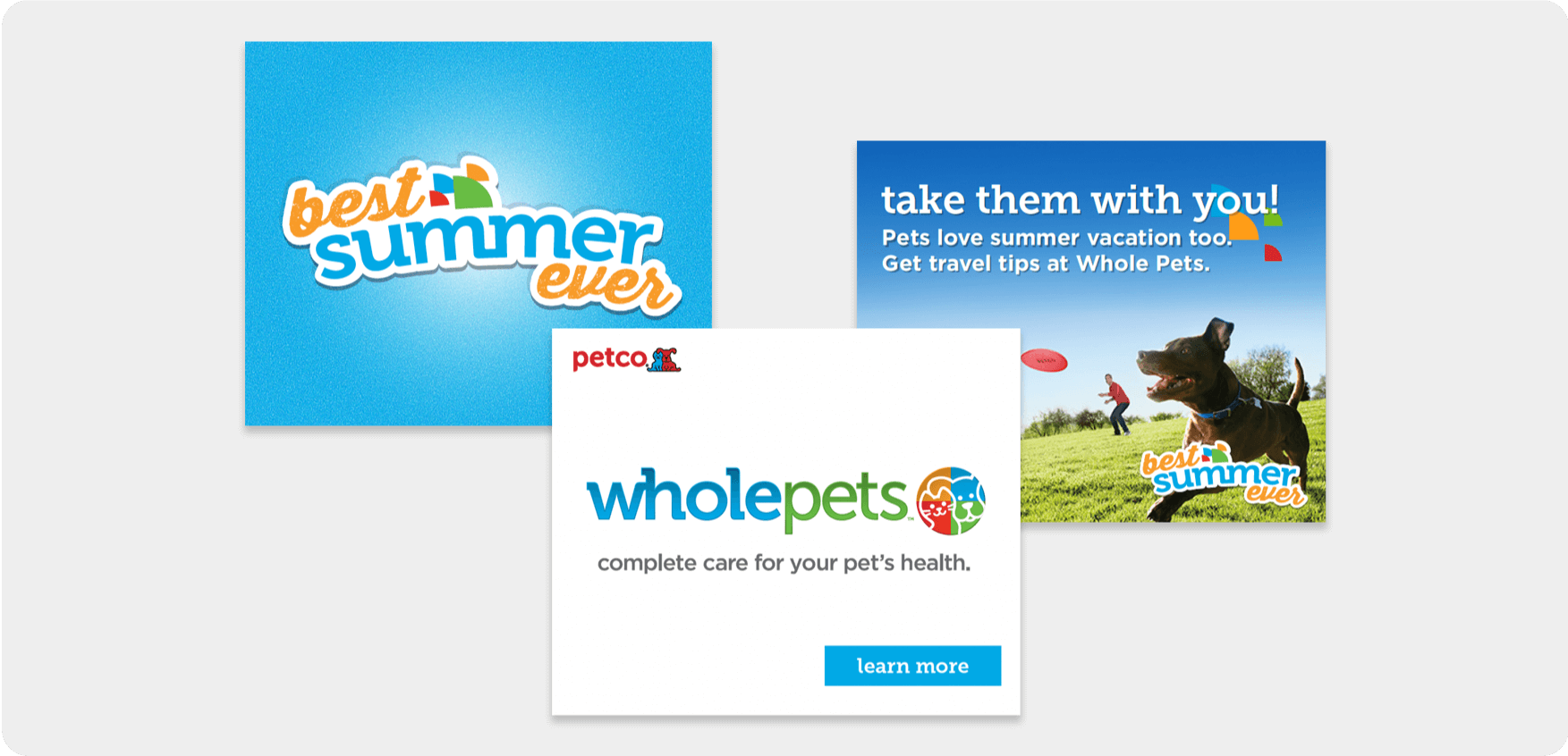 Petco Whole Pets display ad animation stills on gray background