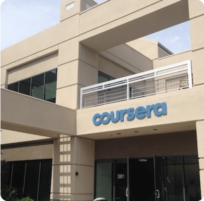 Coursera branding design shown on outdoor office signage